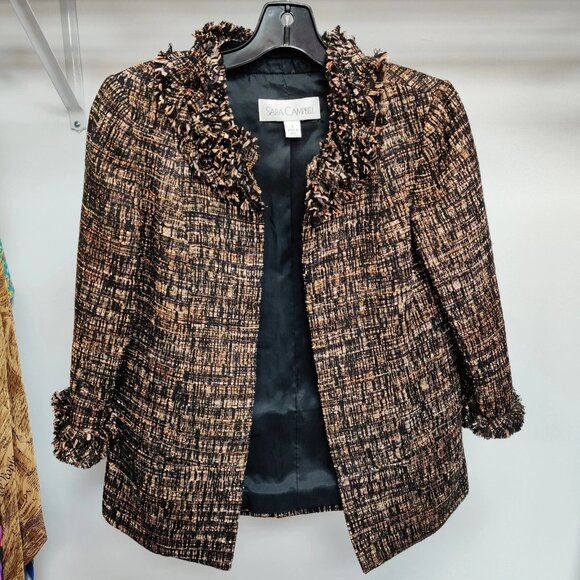 SARA CAMPBELL Open Blazer Jacket Fringed Ruffle Accents Black Brown Neutral 2 - Picture 2 of 10